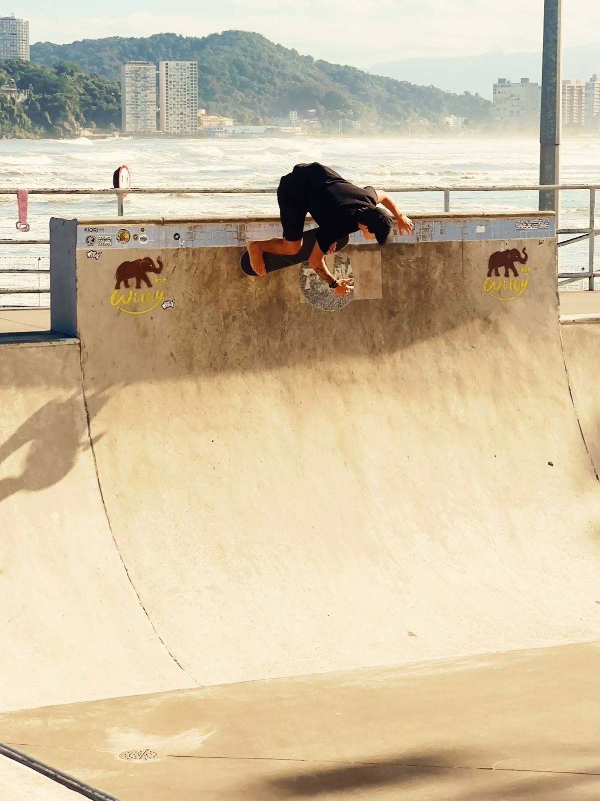 Skatista em uma pista com a praia ao fundo